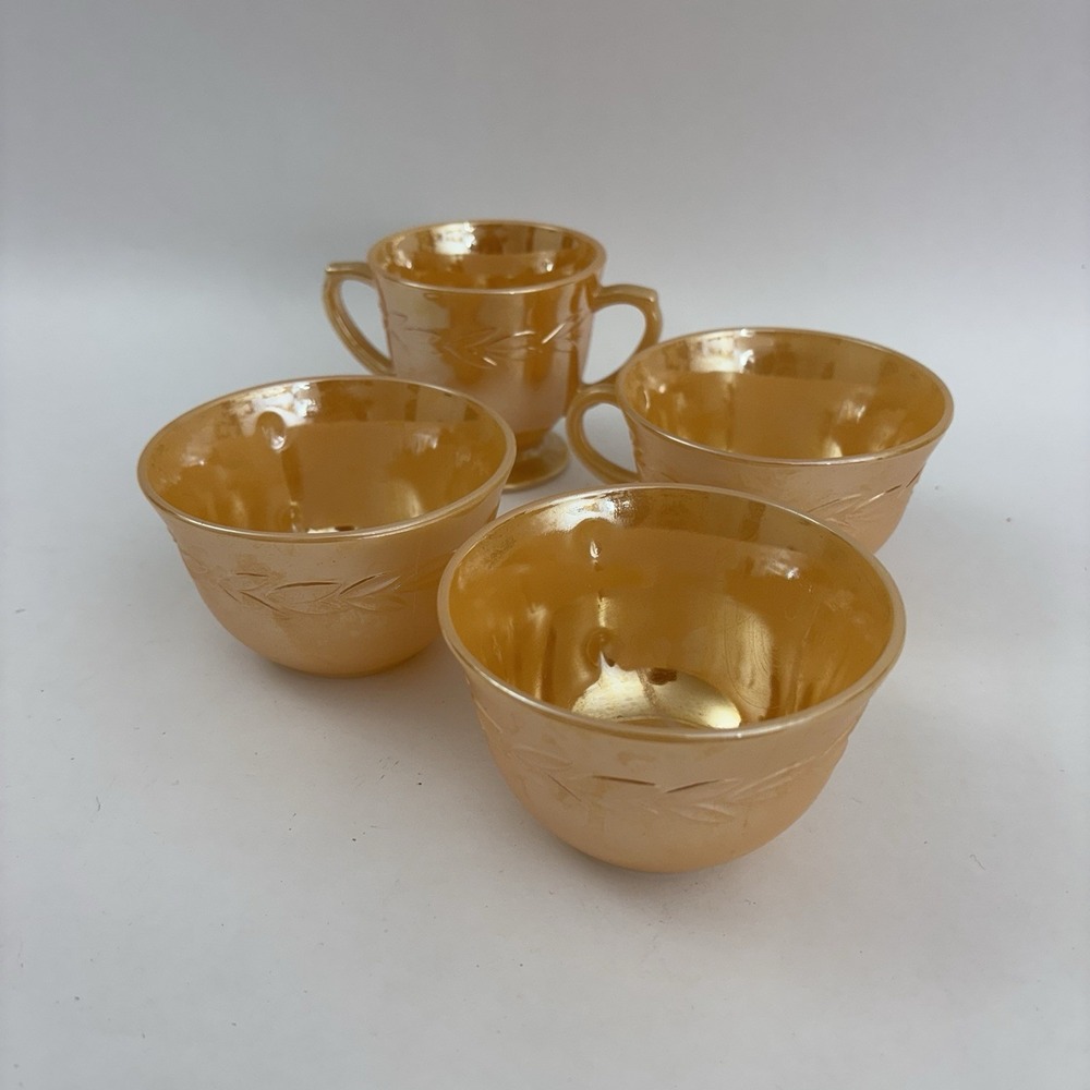 VTG Fire King Peach Luster Laurel Leaf Tea Cups (3) And Sugar Bowl